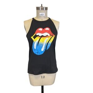 OrderPlus Rolling Stones Rainbow Tongue Graphic Tank Top Black Ribbed Small
